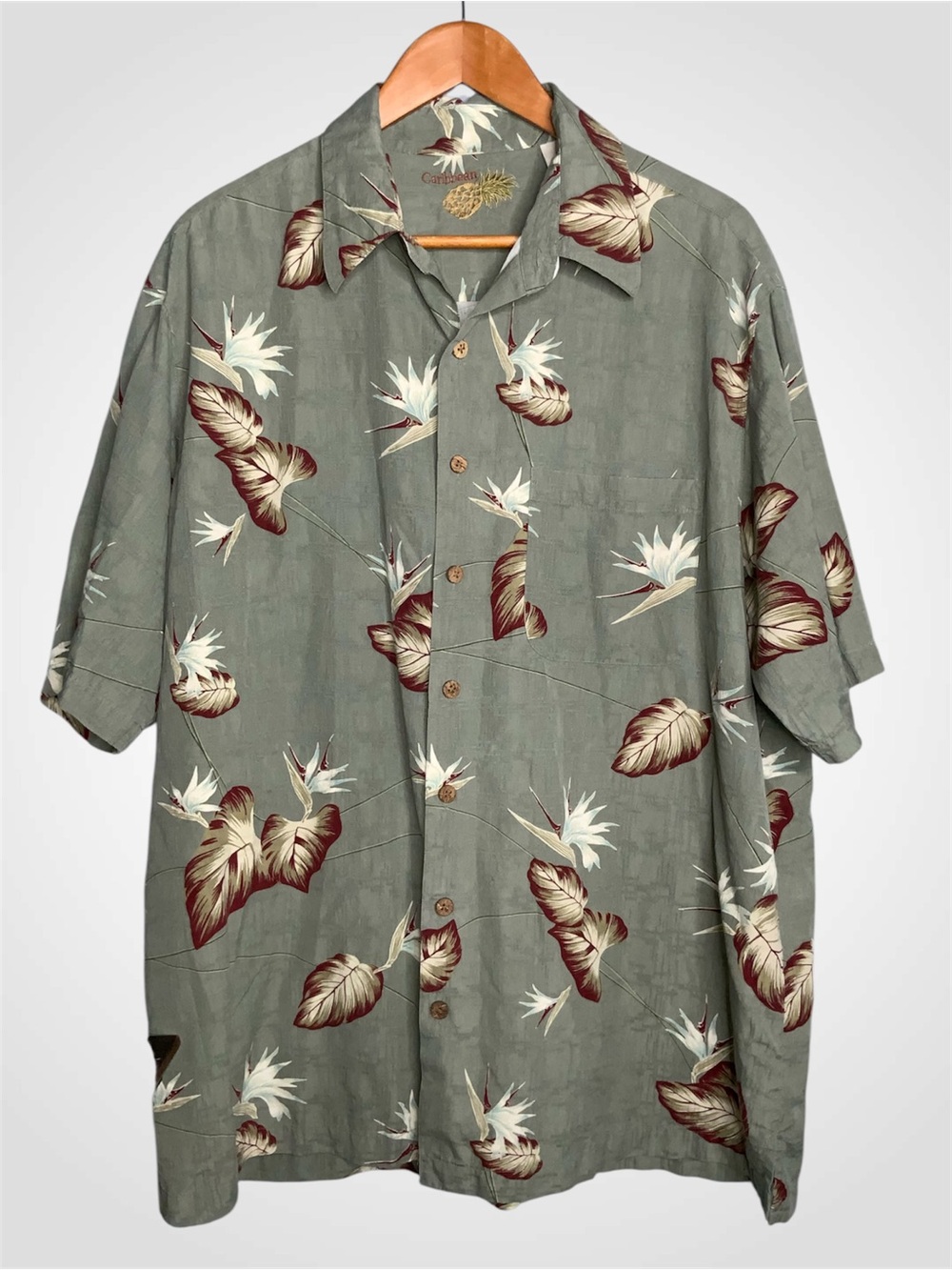 Caribbean Olive Green Floral Button-Down Silk & Cotton Shirt XLT